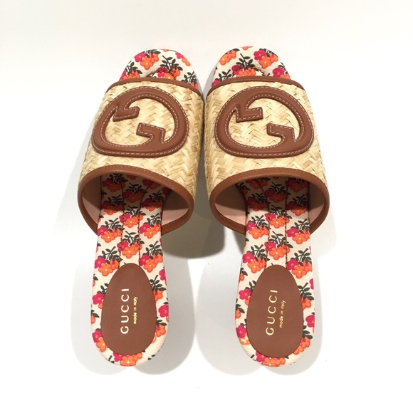 GUCCI INTERLOCKING G RAFFIA HEELED SLIDES -WOMEN’S US 8.5 -NEW - Picture 8 of 11